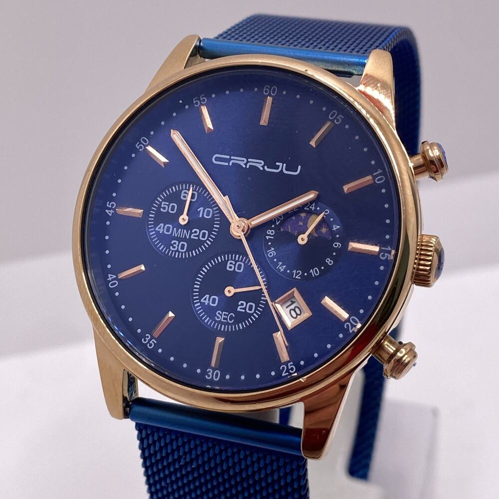 Carju Mens Chronograph Rose Gold Blue Moon Phase Watch Works New Battery